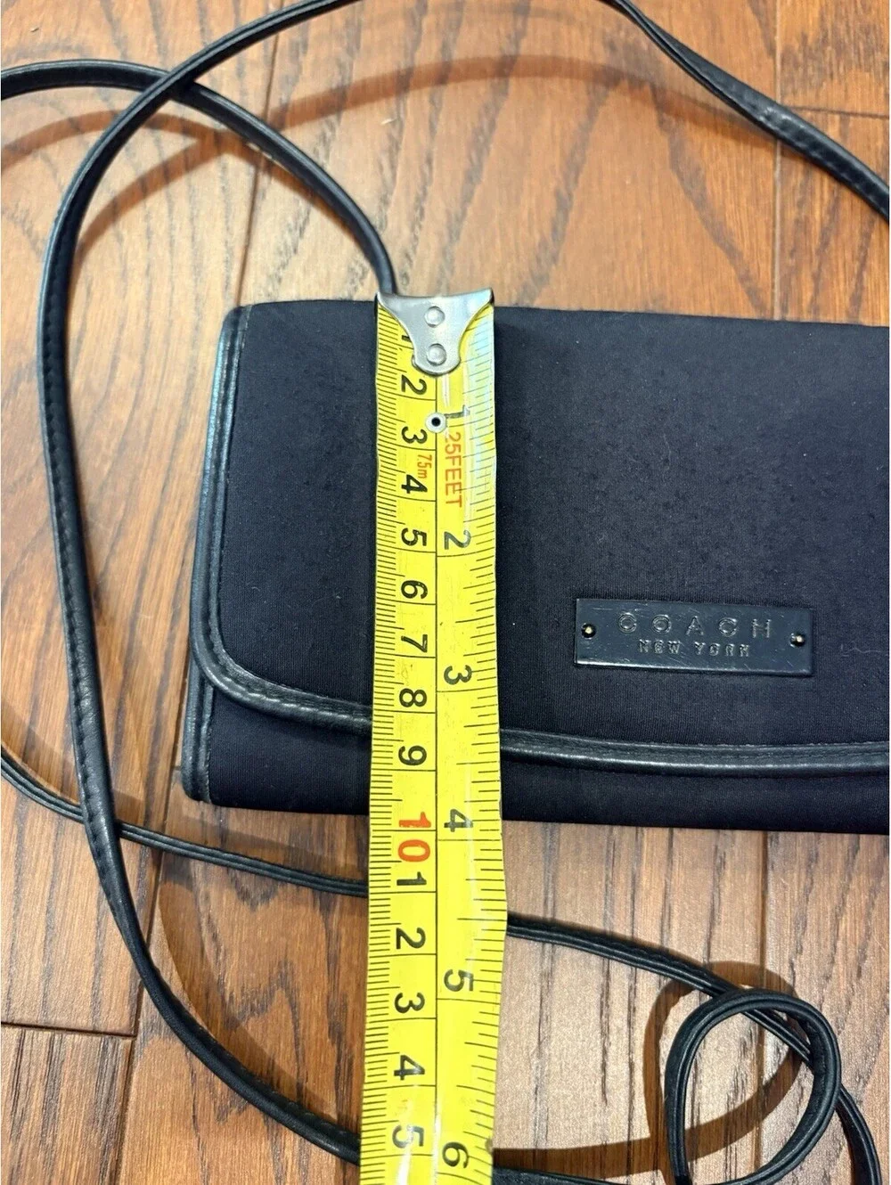 Coach Swing Wallet Purse Black Leather Trim Small Trifold Crossbody Strap